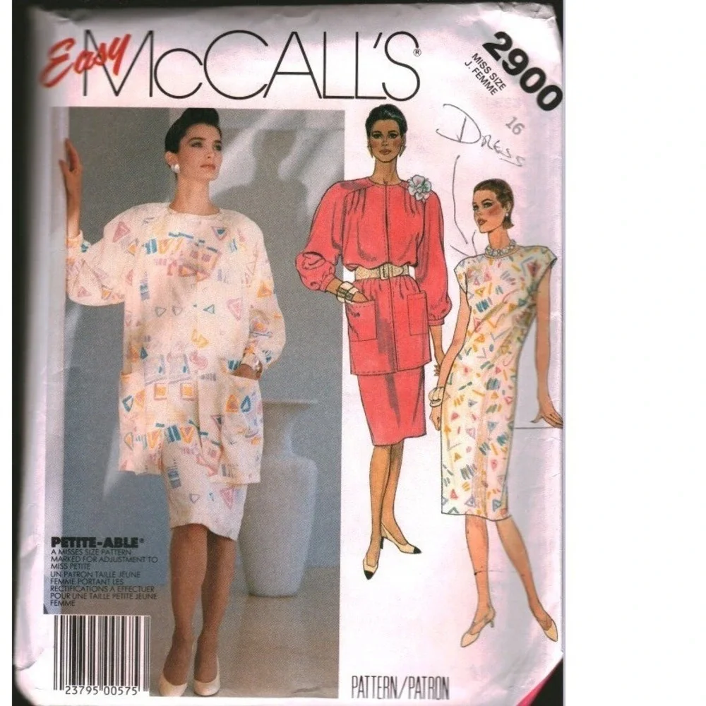 Vintage 1987 McCalls 2900 Sewing Pattern Misses Jacket Dress Size 16 cut
